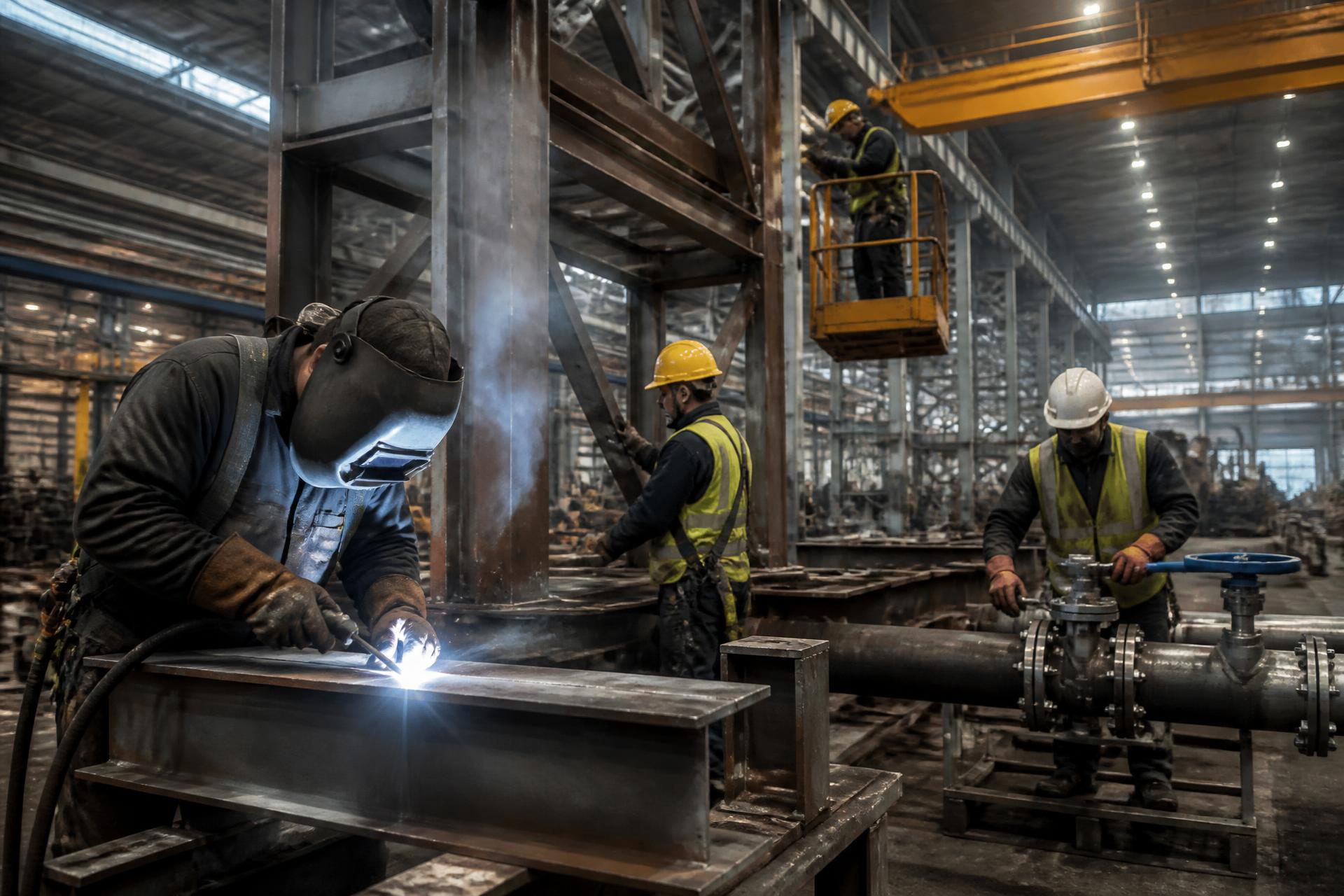 Equipa de profissionais em ambiente industrial, durante trabalhos de soldadura e montagem metalúrgica